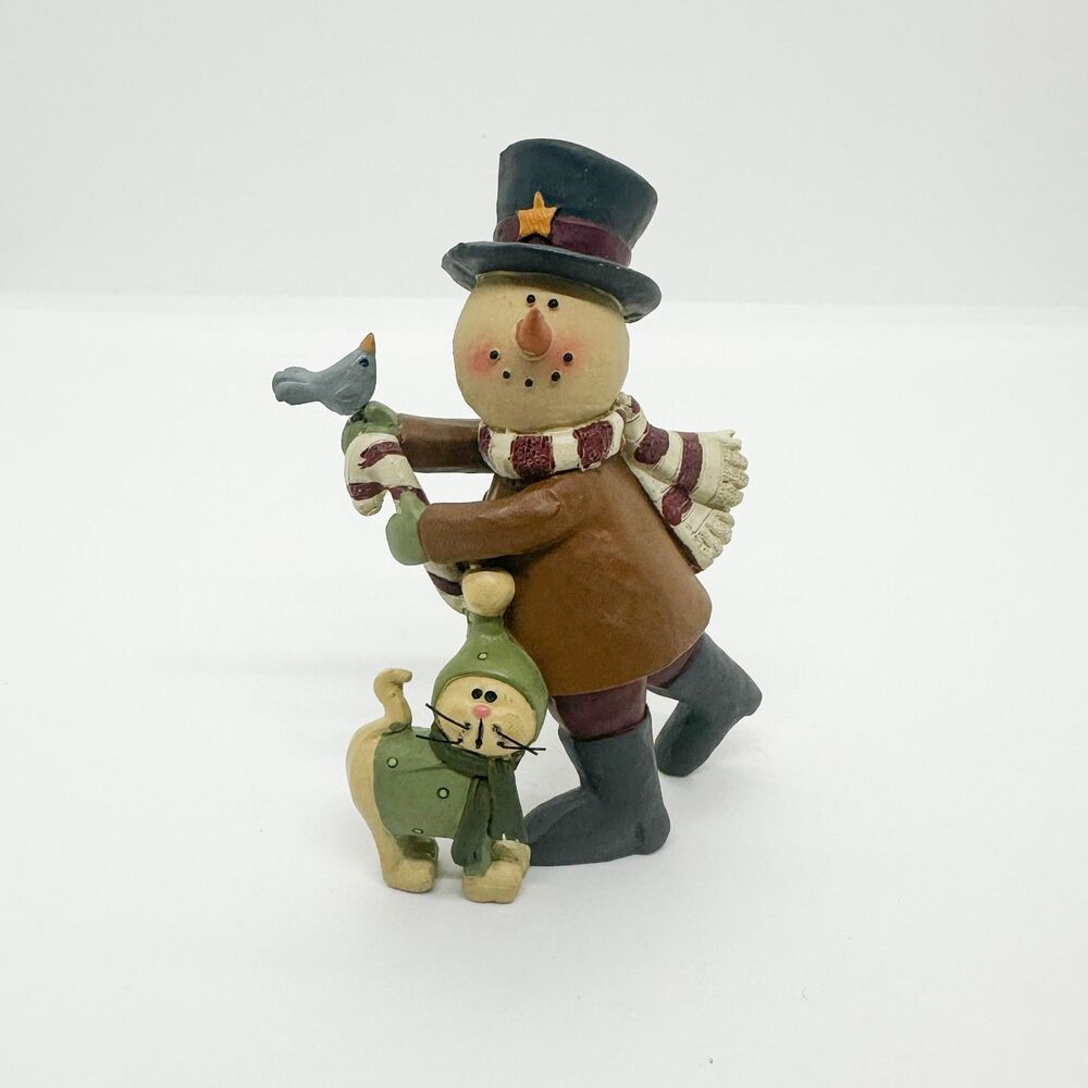 Vintage Blossom Bucket Snowman Cat Winter Christmas Figurine